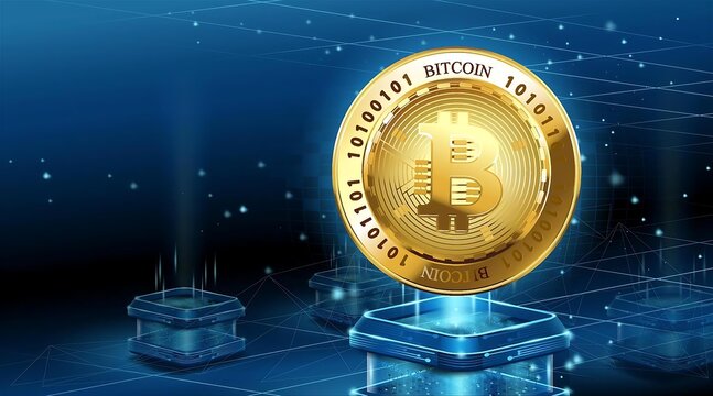 Golden bitcoin digital currency, futuristic digital money, technology worldwide network concept. Virtual cryptocurrency. Futuristic digital money. Mining and blockchain technology. Digital economy. 3D