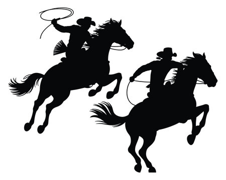 Cowgirl on horse lasso action rearing stallion black silhouette vector illustration