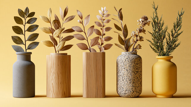 Elegant Home Decoration Scene with Neutral Vases and Autumn Leaves on Yellow Background