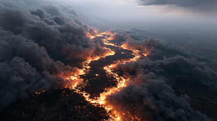 Fototapeta premium Burning Volcanic Landscape with Glowing Molten Lava, Smoke, and Dangerous Atmosphere