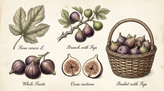Vintage botanical illustration of figs leaves branch whole fruits and cross sections
