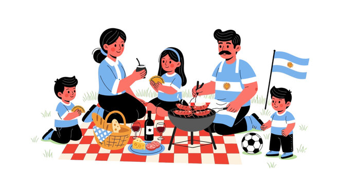 Argentinian Family Picnic and BBQ with National Flag and Soccer Ball