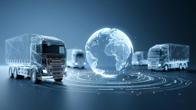 Modern Delivery Fleet with Digital Globe, Network Lines, and Blue Technology Background