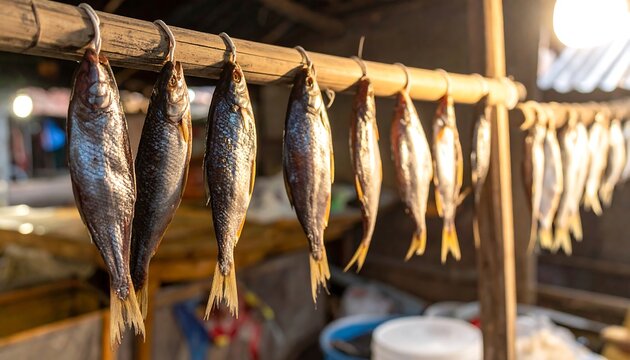 A row of dried fish hanging on a bamboo pole, lit by warm light, at an outdoor market