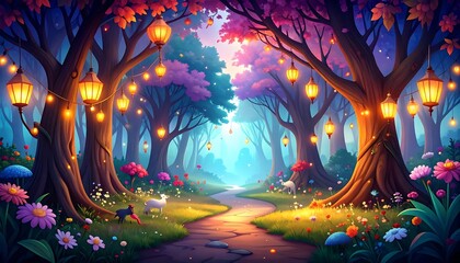 Fototapeta premium Whimsical forest path with lanterns glowing.