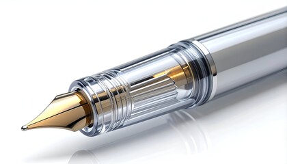 Naklejka premium Elegant Transparent Fountain Pen with Golden Nib Close-Up.