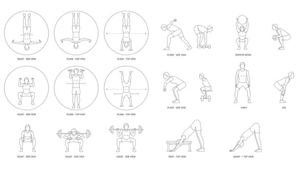 Set of Fitness Exercise Icons Showing Weight Training and Stretching Routines for Personal Trainers and Workout Guides