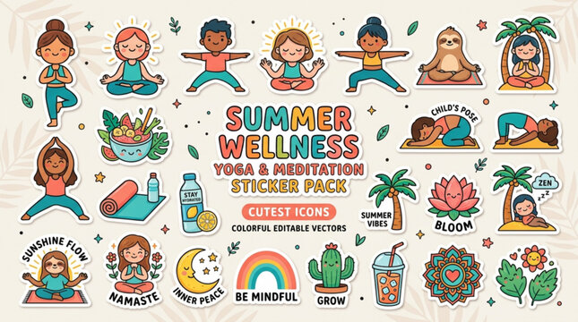 Summer wellness yoga meditation sticker pack with cartoon people plants and mindfulness icons on beige background