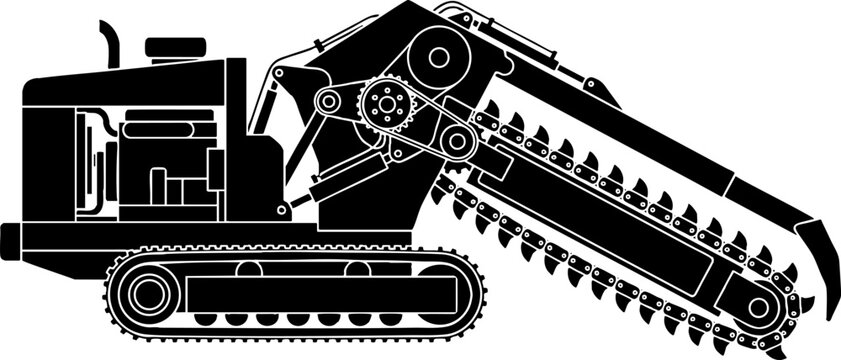 Industrial Trencher Machine Silhouette on White Background