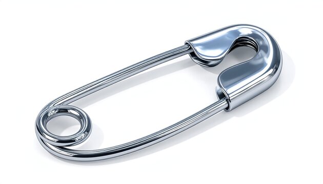 Shiny Silver Safety Pin on White Background for Emergency Use.