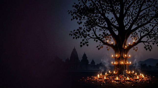 Spiritual Bhaumvati Amavasya Observance featuring Sacred Peepal Tree Silhouette with Glowing Diya Oil Lamps in a Mystical Devotional Atmosphere