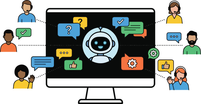 People interact with a computer displaying various chat icons and a robot on the screen