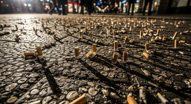 Cigarette Butts Littering a Cobblestone Street at Night