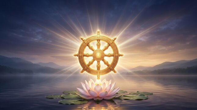 Glowing golden Dharma wheel floating above sacred lotus petals with spiritual light rays for Dharma Chakra Day celebration and Buddhist enlightenment