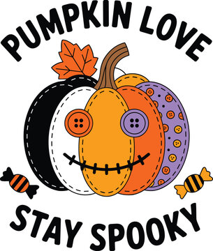 Colorful patchwork pumpkin with candy and spooky text on transparent background