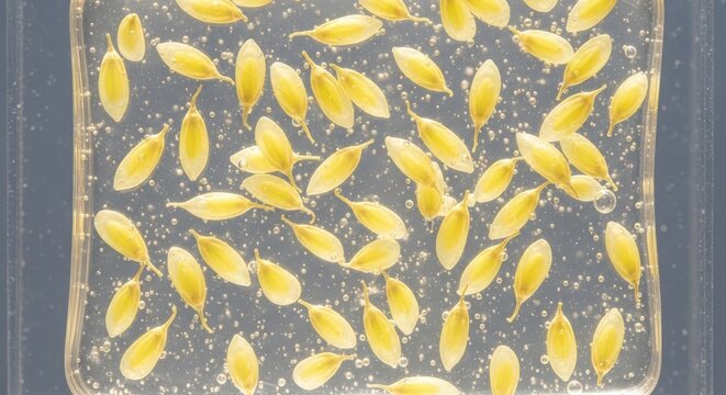 Close-up View of Numerous Golden Grains Scattered in Liquid