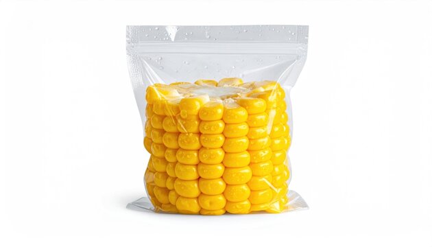 Yellow corn on the cob, sealed in a transparent plastic bag, white background