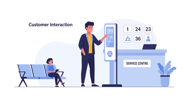 Customer interaction at service center with kiosk and waiting area