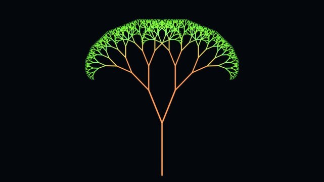 Animated fractal tree growing with geometric branching patterns on a black background for mathematics and nature science concept