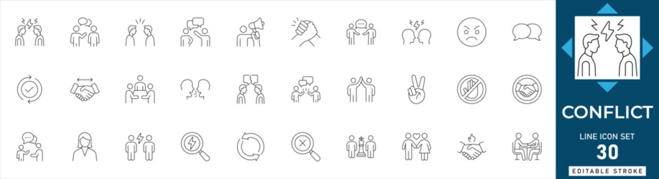 Conflict management line icon set featuring dispute, disagreement, resolution, peace, negotiation, and mediation. Professional editable vector illustration for business and psychology.