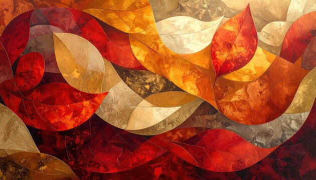 Abstract painting of stylized leaves in vibrant autumn colors