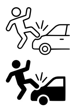 Symbol of person in accident hit by car, outline and silhouette icon