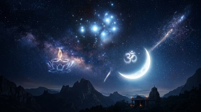 Mystical Karthigai Nakshatra Cosmic Sky Background with Spiritual Symbols, Glowing Moonlight, and Ethereal Stars for Vedic Astrology and Meditation