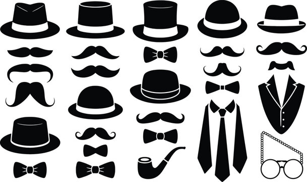 Collection of black silhouette featuring vintage gentleman accessories including various hats mustaches bow ties neckties a smoking pipe and round spectacles on a white background