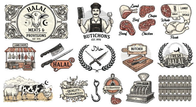 Hand drawn halal meat butcher shop elements set vector collection with butchery restaurant illustration elements collection slaughter business