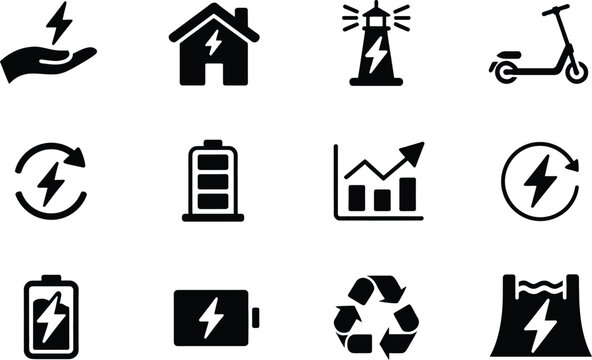 Set of twelve black silhouette depicting energy themes including lightning bolts batteries electric scooters houses lighthouses growth charts and recycling symbols on a white background