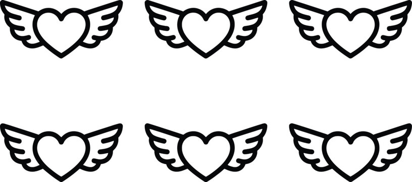 Six identical black and white line of hearts with angel wings arranged in two rows of three on a plain white background for projects