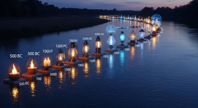 Evolution of Lighting Technology Timeline Floating on a River from Anc