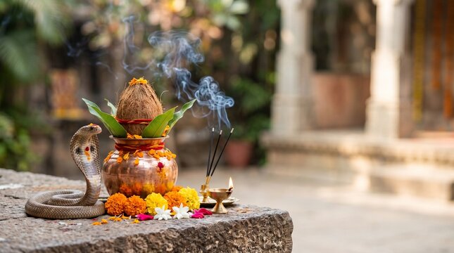 Spiritual Nag Panchami scene with a sacred snake, ritual brass kalash, marigold flowers, and mystic incense smoke for Hindu religious celebration.
