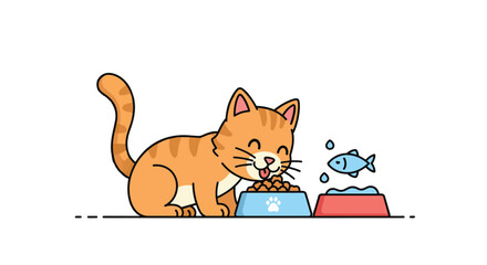 Obraz premium Cute Orange Cat Eating Fish from Bowls.