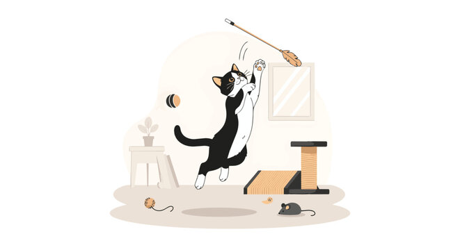 Playful Cat Jumping and Playing with Toy Mouse.