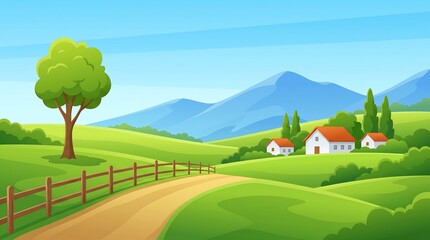 Fototapeta premium Idyllic rural landscape with green rolling hills and a dirt road leading to a small farmhouse under a clear blue sky with distant mountains in a vibrant flat design illustration style