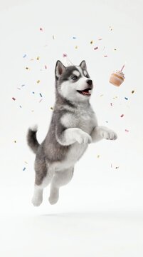 Cute husky puppy jumping to catch a birthday cupcake with confetti