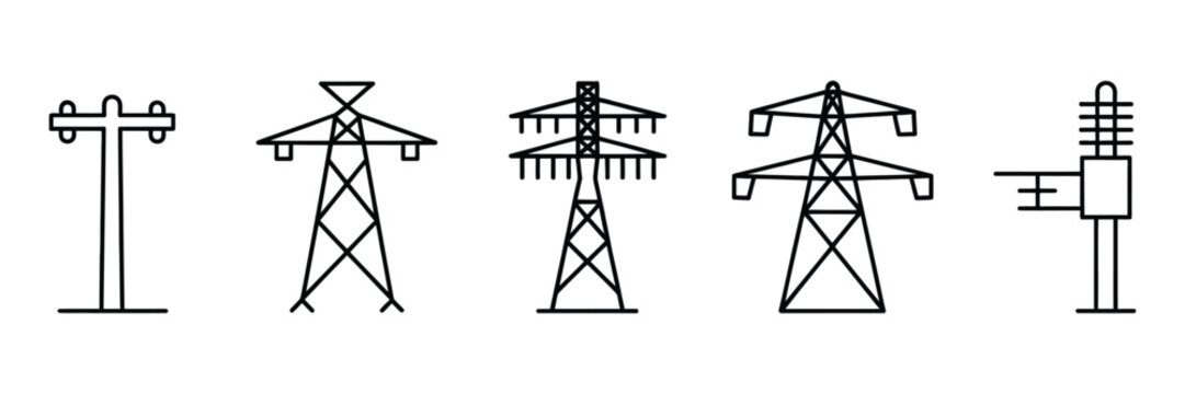 Electricity pylon icon set thin line power tower and pole vector illustration