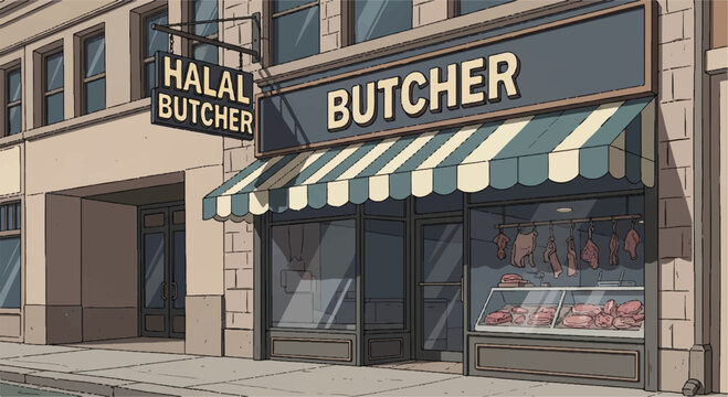 Street view of a halal butcher shop store front with classic signage and meat display window building business architecture commercial exterior