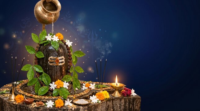 Shravan Somvar celebration featuring a sacred Shiva Lingam with flowing holy water abhishek and fresh bilva leaves, Hindu religious devotion ritual.