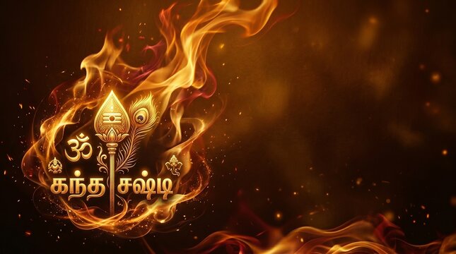 Skanda Sashti Abstract Spiritual Fire Texture with Golden Divine Symbols and Sacred Vel Spear, Radiant Background for Lord Murugan Hindu Festival