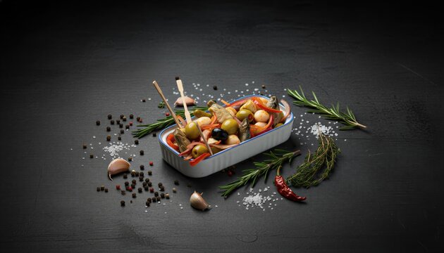Gourmet Spanish Gildas on dark slate in upscale restaurant