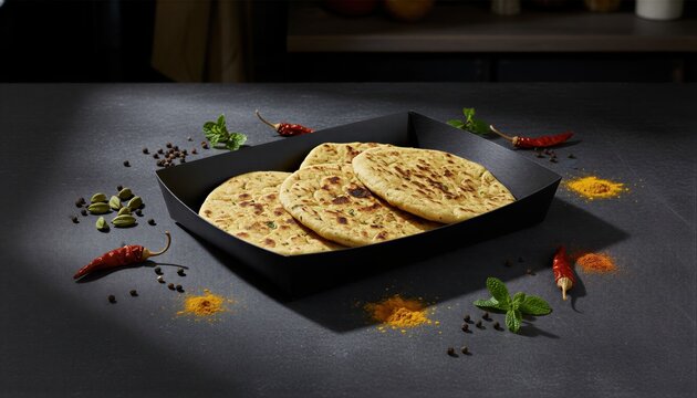Gourmet spiced rotis on a dark slate background