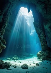 Naklejka premium Stunning Underwater Cave with Dramatic Sunbeams Filtering Through the