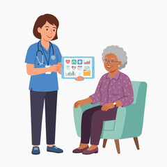 Obraz premium Nurse showing medical data on tablet to elderly woman in armchair