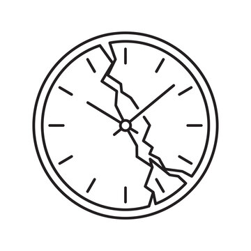 Minimal Outline Vector Icon of a Broken Clock Dial with a Large Diagonal Crack Symbolizing Lost Time Deadlines and Business Failure