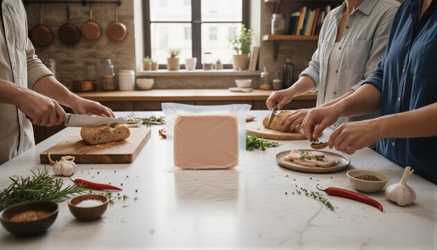 Group of friends preparing snacks with cold cuts