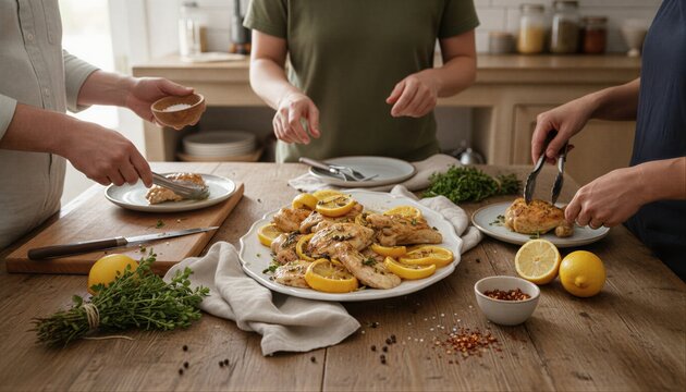 Group sharing homemade roasted chicken in a kitchen