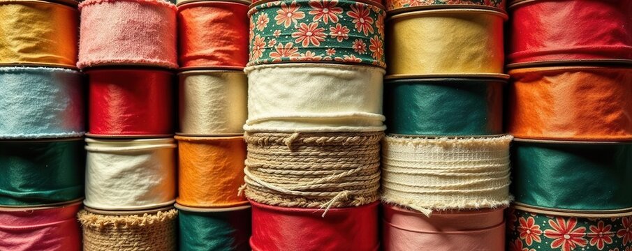 Vintage ribbon & label trove; antique textile textures, vibrant colors, object, ephemera, hoard