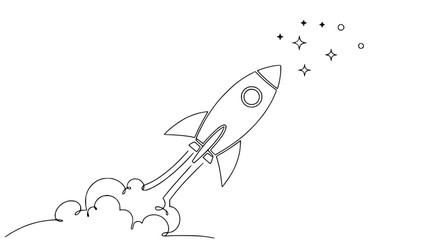 Minimalist rocket ship launching into starry sky, continuous line drawing © Hujan